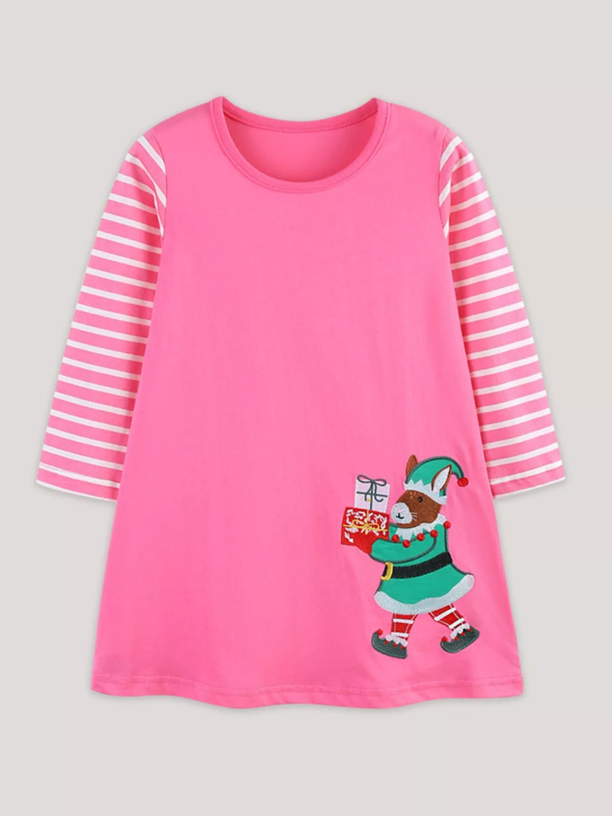 Pink cotton dress with striped sleeves and an embroidered elf holding gifts.
