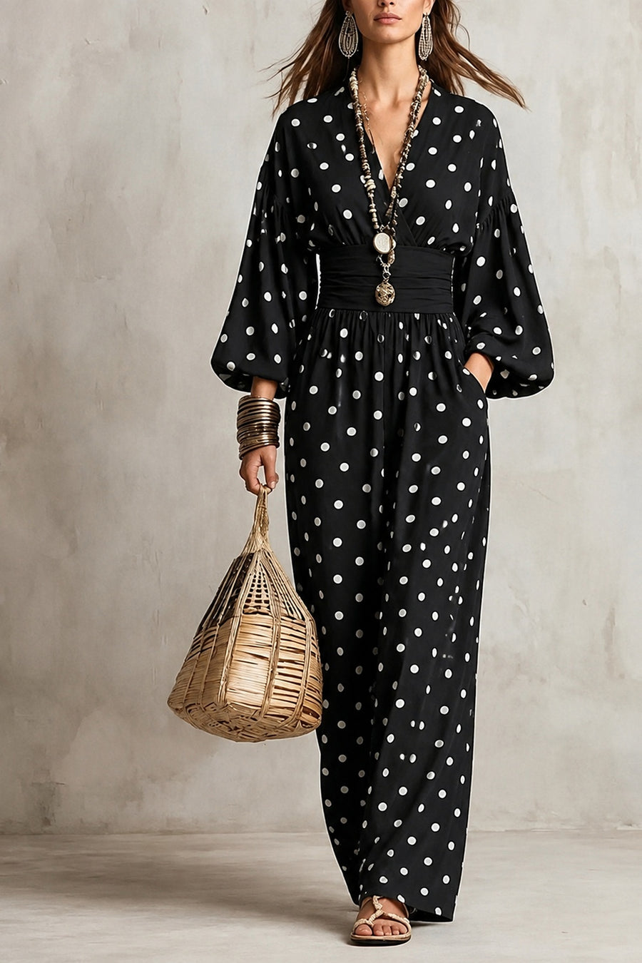 jumpsuit in mustard yellow with polka dot and pocketed