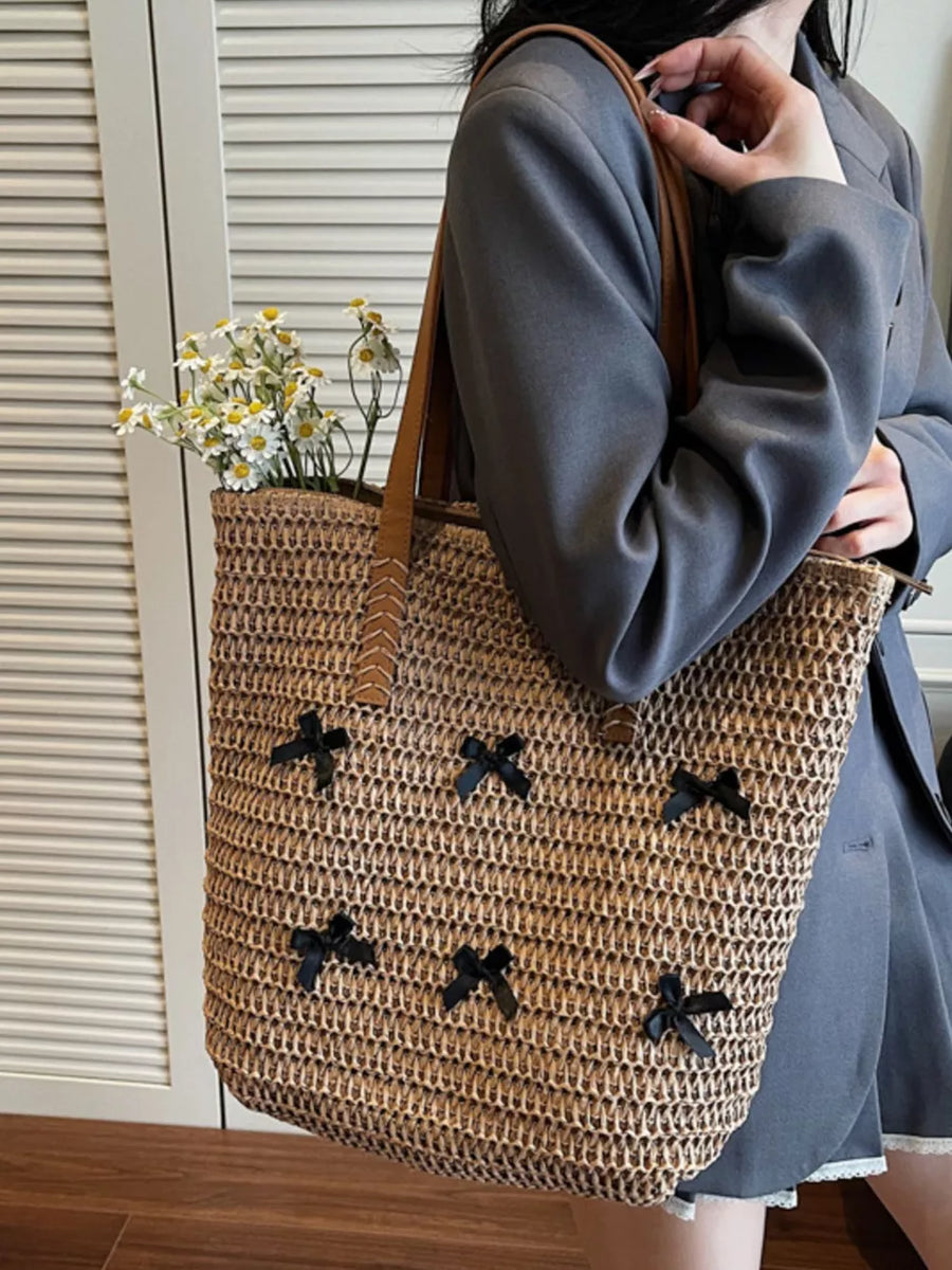 Woven Straw Bow Handbag in black with woven
