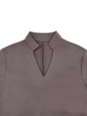 Coffee brown midi dress with a V-neck and pointed collar detail.