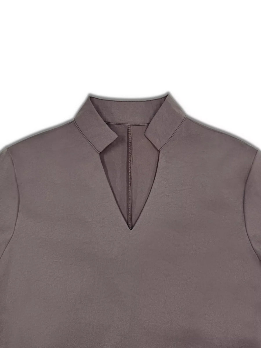Coffee brown midi dress with a V-neck and pointed collar detail.
