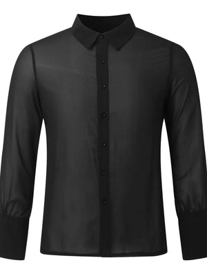 Black sheer silk button-down shirt with long sleeves and buttoned front.