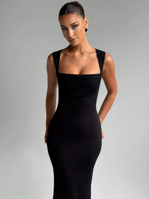 Black bodycon maxi dress with square neckline and sleeveless design.
