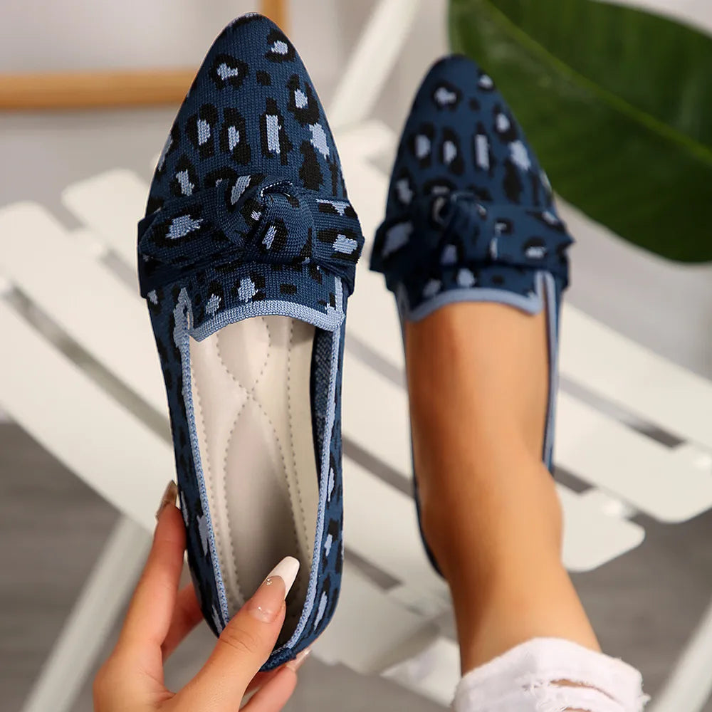 Knot Detail Knit Leopard Flats in Dark Navy with a pointed toe and bow detail.