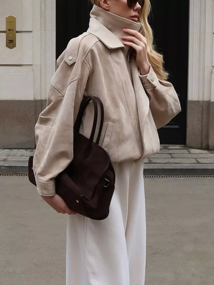 Zip Up Dropped Shoulder Moto Jacket in Beige with zipper