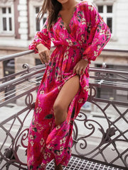 red maxi dress featuring tiered and floral