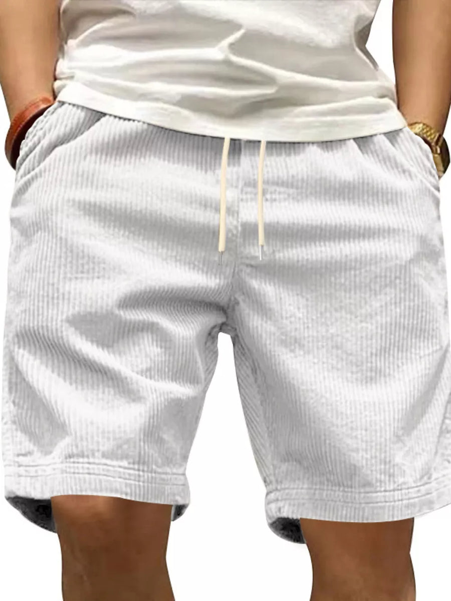 Men's white corduroy drawstring shorts with adjustable waist and pockets.