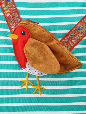 Turquoise striped cotton dress with a plush bird applique and embroidered details.