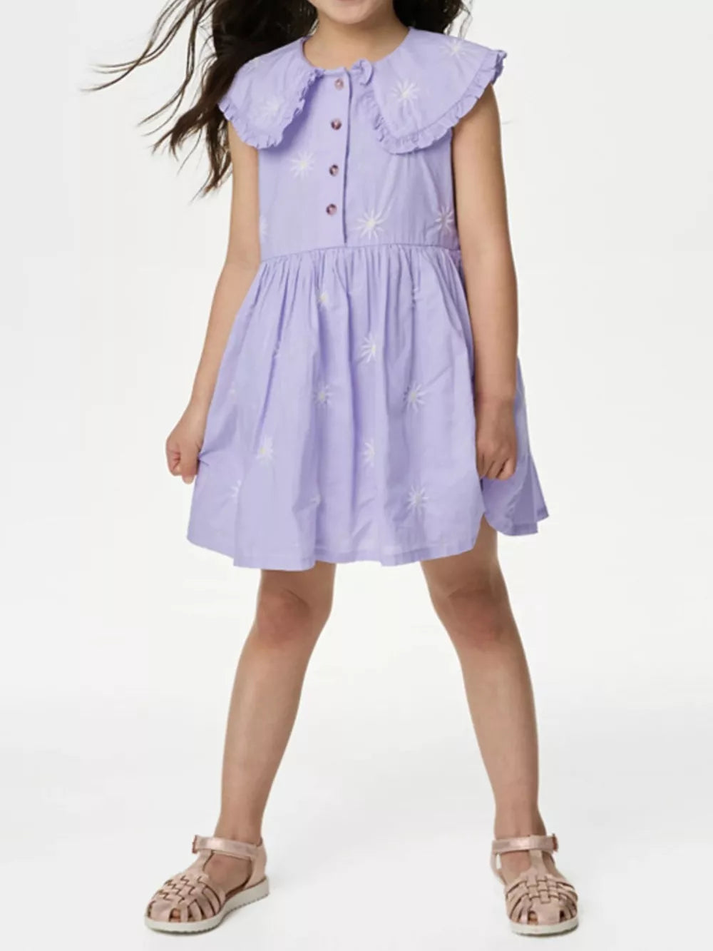 Lavender cotton dress with daisy embroidery, Peter Pan collar, and buttons.