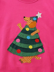 Children's hot pink cotton sweatshirt with Christmas dog applique.