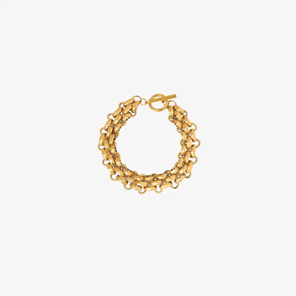 Gold triple-strand chain bracelet with toggle clasp