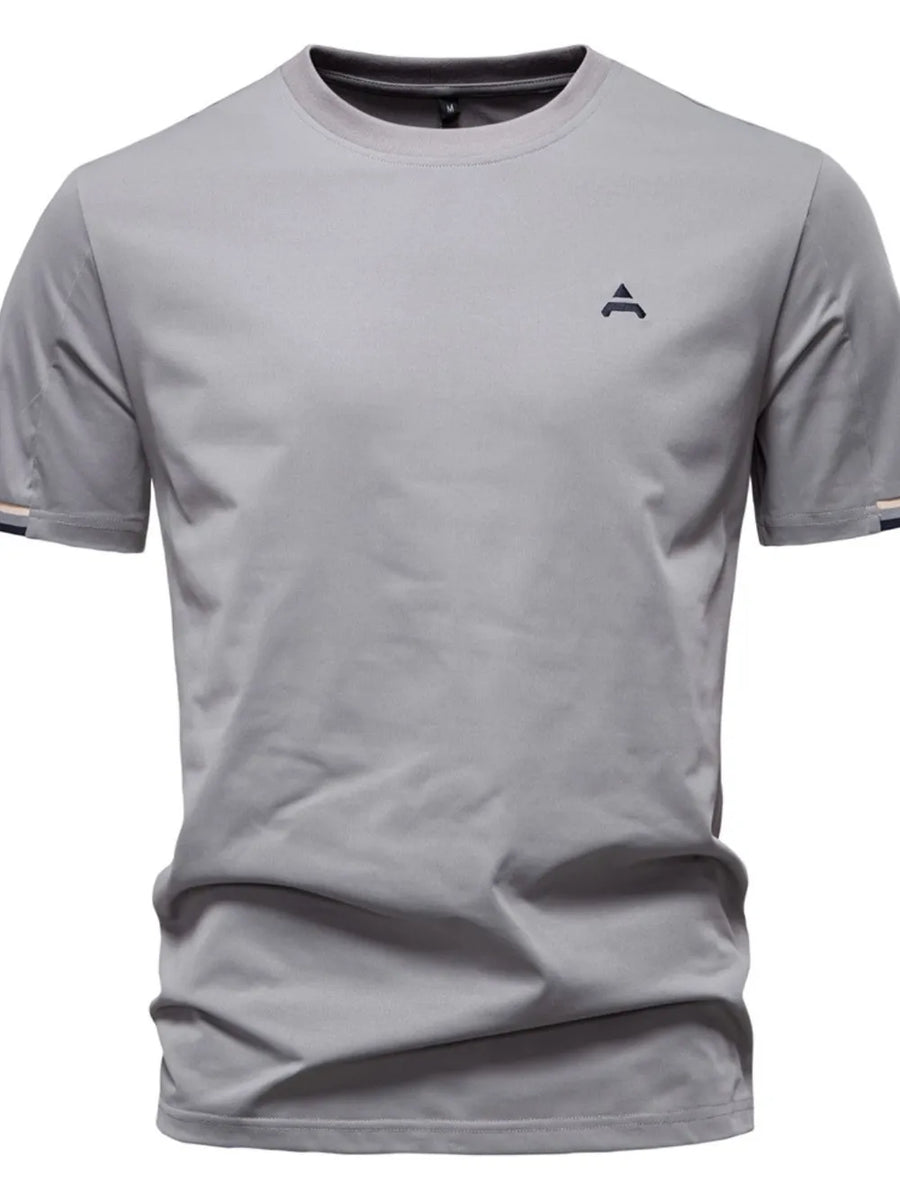 Gray t-shirt with embroidered crest detail and striped sleeve cuffs