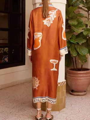 shirt dress in Ochre with abstract print and buttoned
