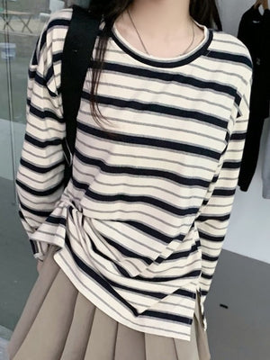 navy blue t-shirt featuring side slit and striped