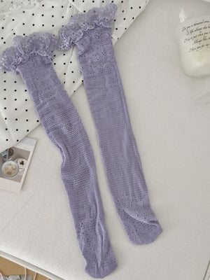 Lace Fishnet Knee-High Socks in Blue with knee-high
