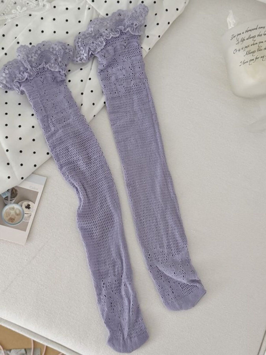 Lace Fishnet Knee-High Socks in Blue with knee-high