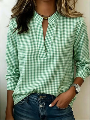 Grey Full Size Plaid Notched Long Sleeve Blouse
