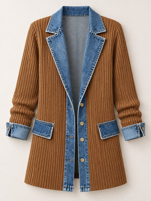 Full Size Denim Trim Ribbed Knit Cardigan in black with pocketed