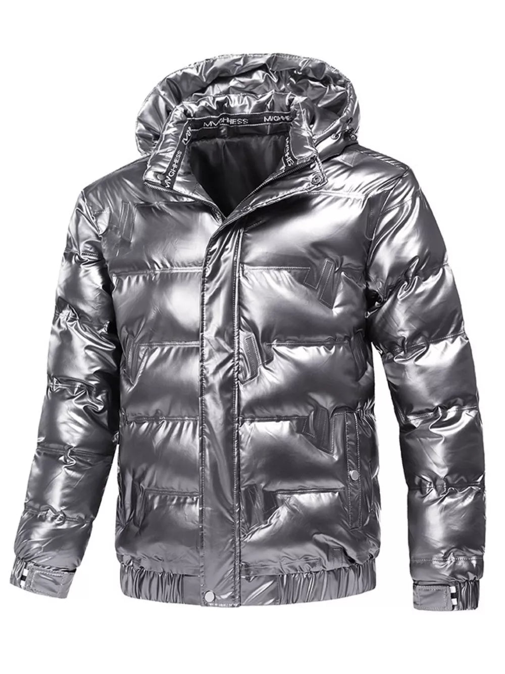 Silver reflective hooded puffer coat for men with elastic cuffs and hem.