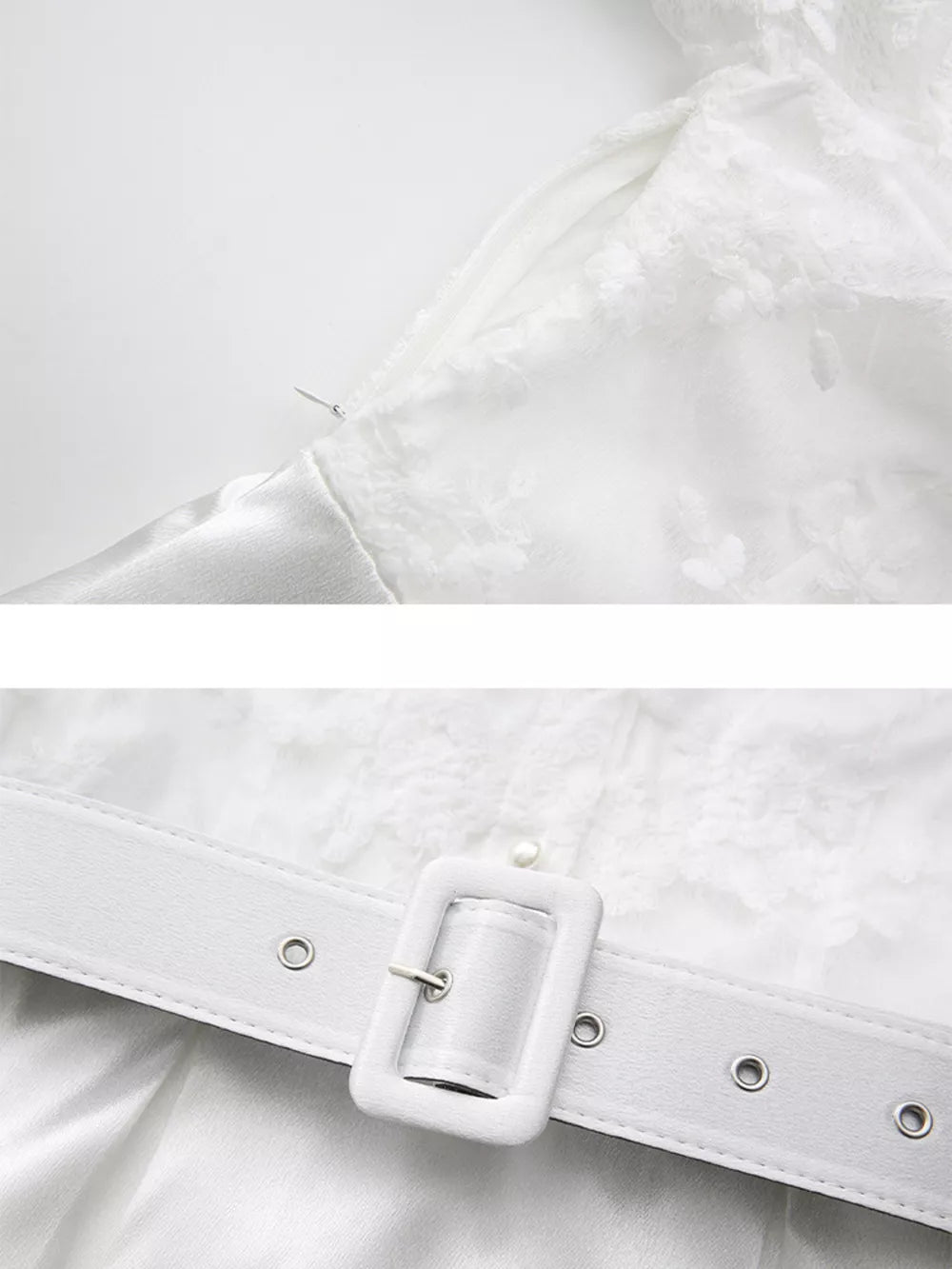 White lace maxi dress with lantern sleeves, featuring a zip closure and a white belt with a square buckle.