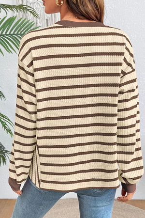Beige with Stripe Patchwork Ribbed Cuff Pullover Sweatshirt