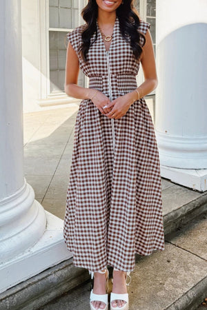 Gingham zip-front midi dress in taupe cotton with cap sleeves and a cinched waist.