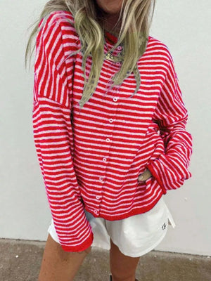 Khaki Striped Knit Button Up Cardigan