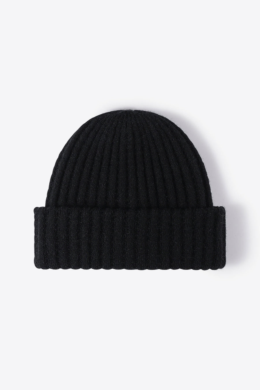 Black ribbed knit beanie with a cuffed hem