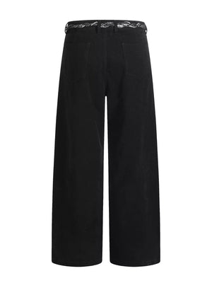 Black maternity pants with wide legs, relaxed fit, and a decorative belt.