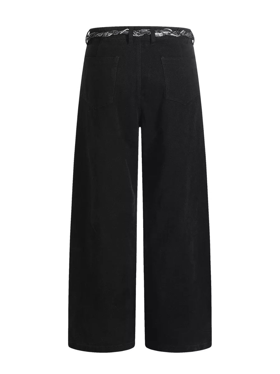 Black maternity pants with wide legs, relaxed fit, and a decorative belt.