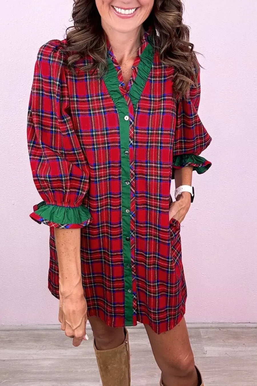 Plaid Ruffle Cuff Button Front Mini Dress option 8