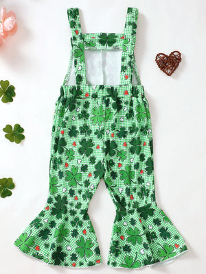 Green plaid baby overalls with a shamrock and heart print and flared legs.