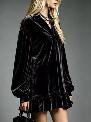 Velvet Ruffled Hem Long Sleeve Mini Dress Plus Size in Dark Green with ruffled