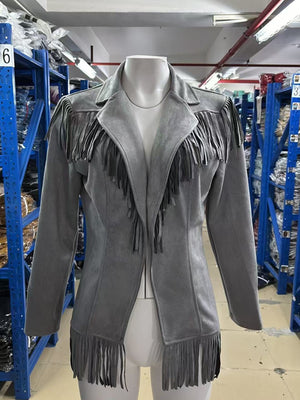 Western-Inspired Fringed Open Front Jacket in Moss with fringe