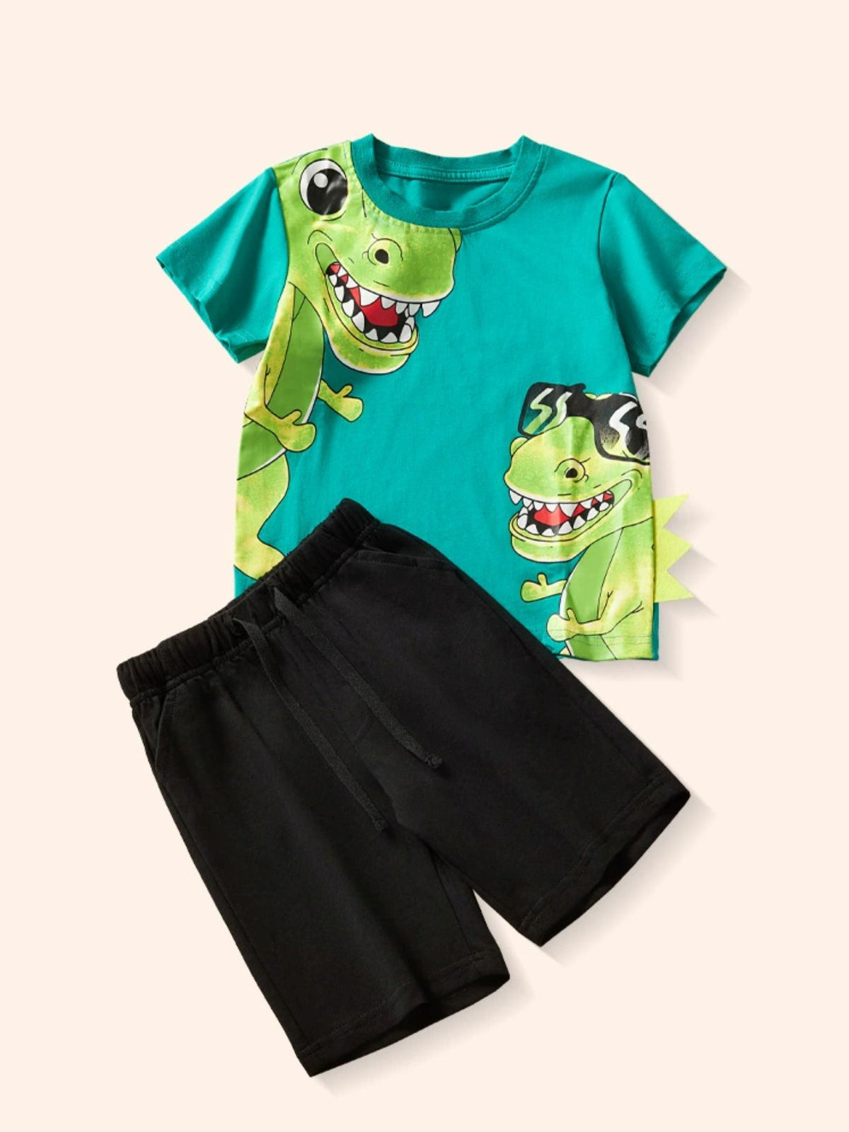Teal cotton tee with dinosaur graphic and black shorts set for boys.