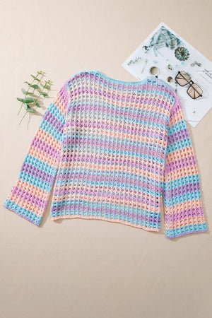 Pastel striped crochet beach cover-up with open knit and long sleeves.