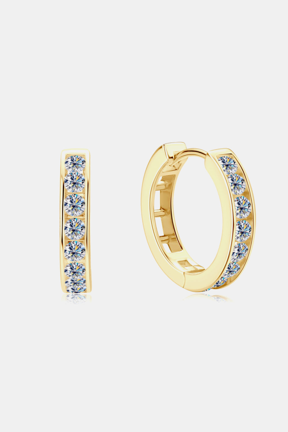 Gold moissanite channel-set hoop earrings with sparkling stones
