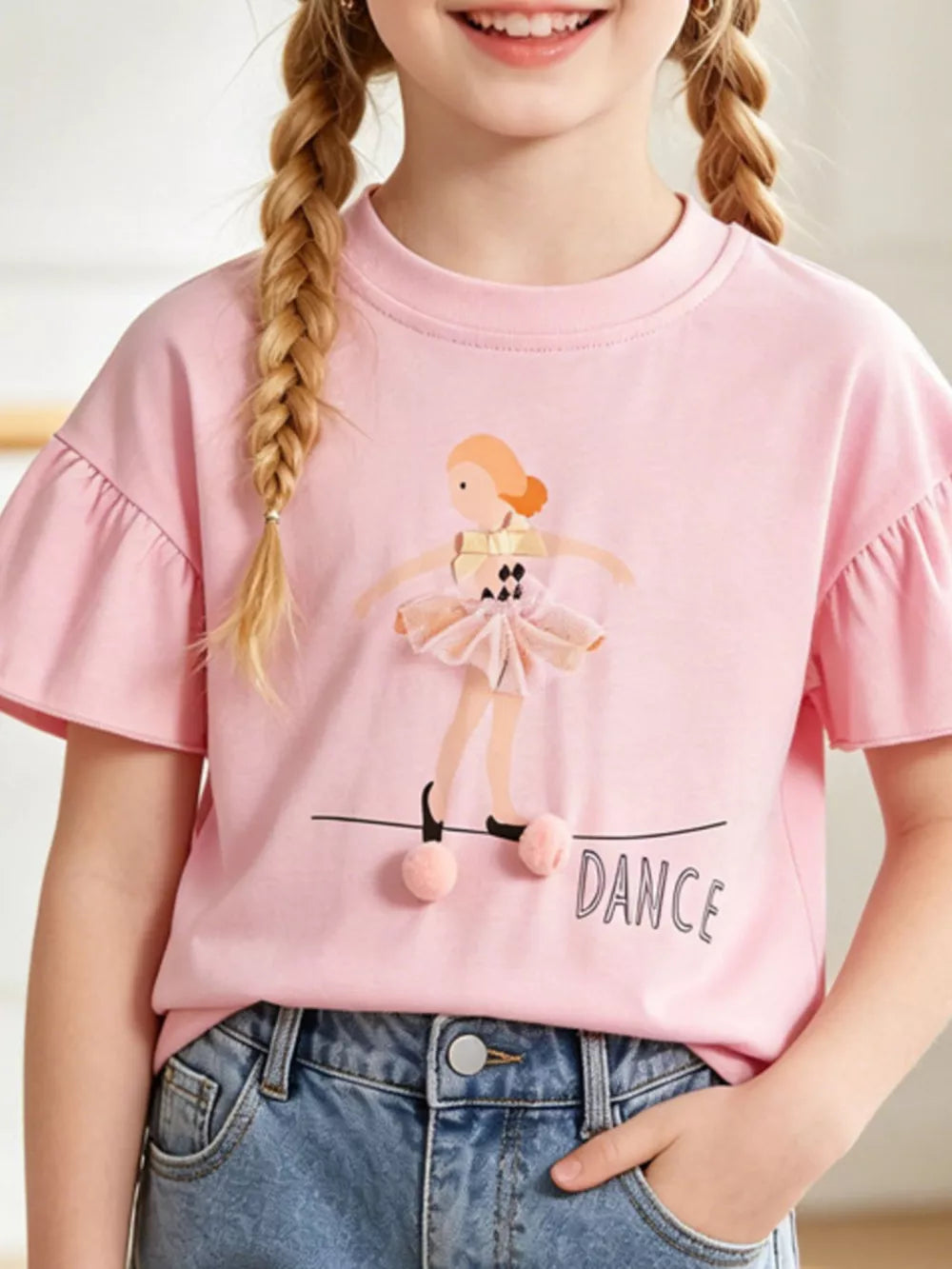 Pink cotton crew neck t-shirt with a 3D ballet dancer graphic and ruffled sleeves.