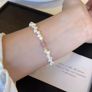 Synthetic Pearl, 18K Gold-Plated, 925 sterling silver, Crystal Care instructions bracelet in blush pink with fitted