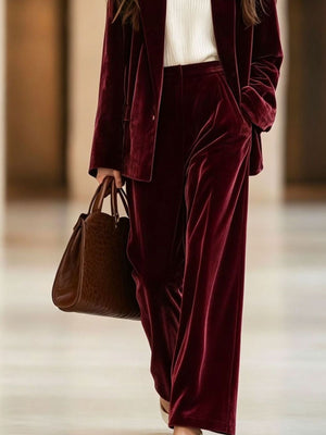 Velvet Blazer And Wide-Leg Pants Set in Dark Brown
