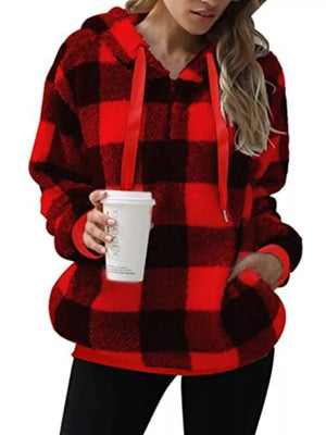 Red and black plaid sherpa hoodie with drawstring and pockets