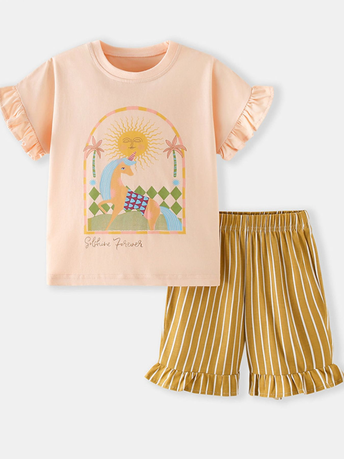 Apricot cotton tee with ruffled sleeves and unicorn graphic, paired with striped shorts with ruffled hems.