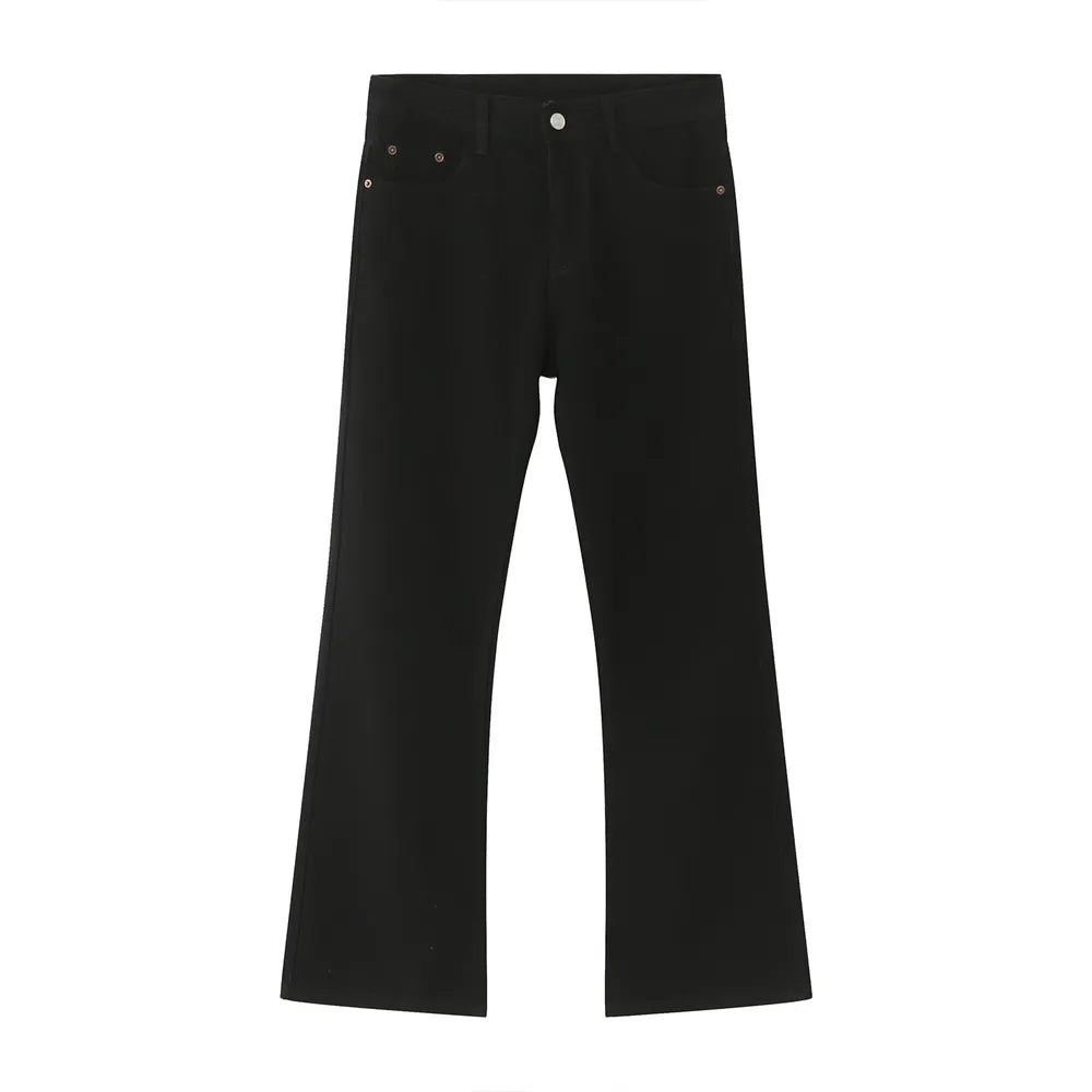Black denim relaxed flare trousers with a wide leg