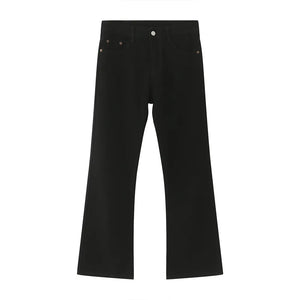 Black denim relaxed flare trousers with a wide leg
