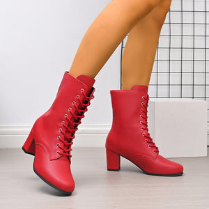 Lace-Up Round Toe Block Heels Boots in black with round toe