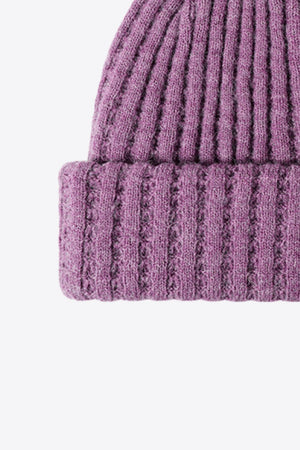 Purple acrylic ribbed knit beanie with textured detail