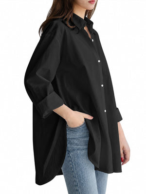 Navy Blue button-down shirt with side slit and long sleeve