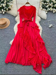 Red midi dress with ruffled pleated skirt and tie waist