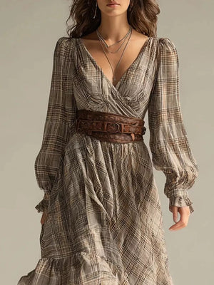 cream wrap dress featuring ruffled and plaid