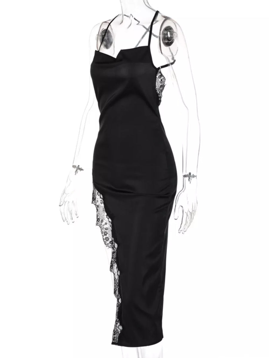 Black spaghetti strap midi dress with cowl neck and lace trim detail.